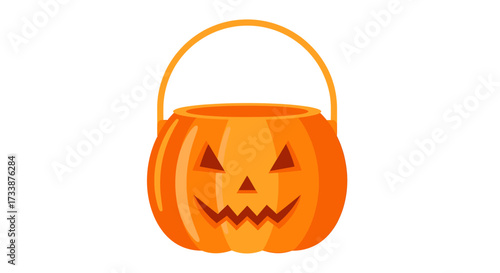 Orange pumpkin bucket with handle for Halloween trick-or-treating.