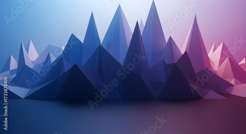 A captivating abstract landscape with sharp geometric peaks, transitioning through vibrant blue and purple hues, creating a modern digital art background