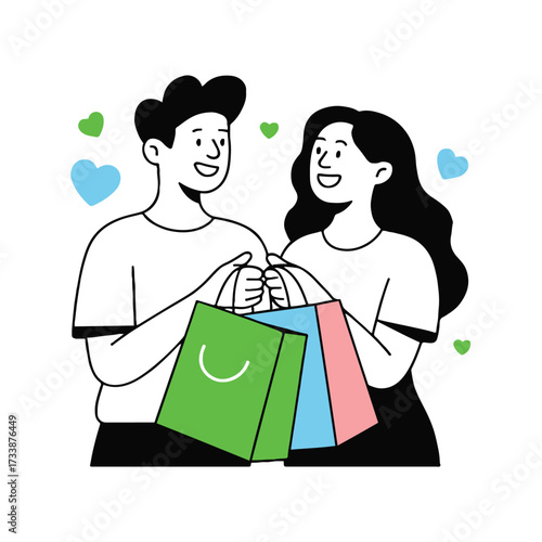 Vector art of a happy couple holds shopping bags, enjoying a day of retail therapy and shared purchases, the illustration is modern