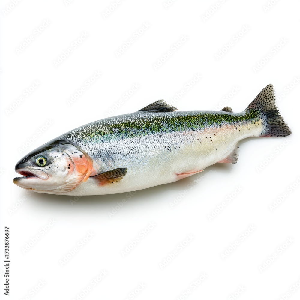 Naklejka premium A single rainbow trout displayed against an isolated background. The fish has a silver body with colorful markings and a classic shape.