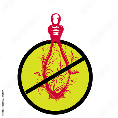 Prohibition sign with stylized floral bottle illustration, red and yellow, representing restricted natural substances with copy space