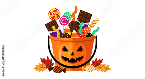 A vibrant illustration of a Halloween pumpkin bucket overflowing with various candies and treats.
