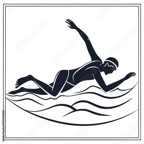 Silhouette of a swimmer in dark blue on white water waves