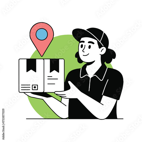 Vector art of a delivery person holds a package with a location pin, symbolizing delivery service and location tracking, the person wears a cap