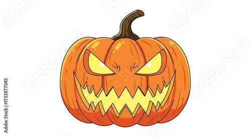 Cartoon illustration of a carved Halloween pumpkin with a scary face and glowing eyes.
