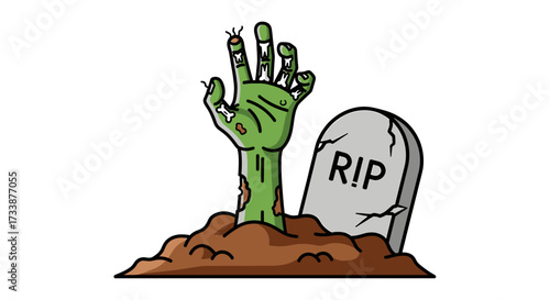 A cartoon illustration of a green zombie hand rising from a grave next to a tombstone marked RIP.
