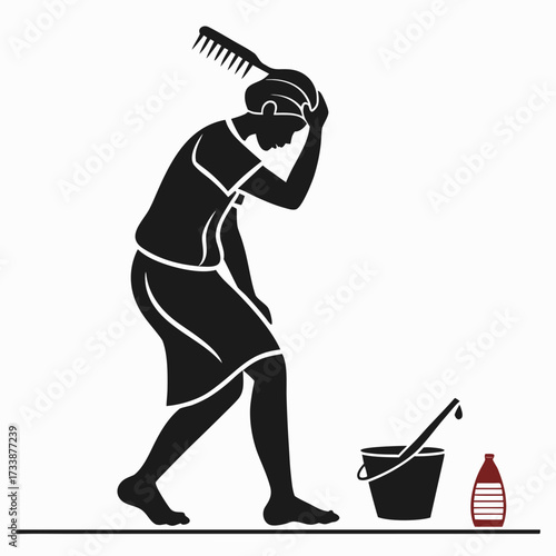 Silhouette of person combing hair with bucket and bottle