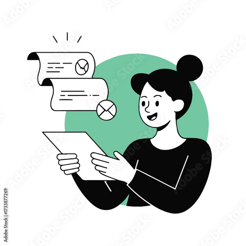 Vector art of a woman is checking her email on a tablet, with two email icons floating above her head, she is smiling and looks happy