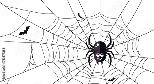 A black and white illustration of a spider on a web with bats flying around.