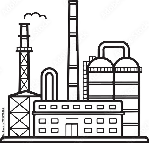 Oil Refinery plant Industrial Hand-drawn Sketch Drawing Vector Illustration, Line Linear Symbol Engraving Coloring Book, Black and White Isolated