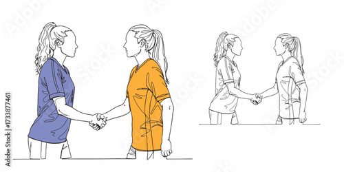 Vector illustration of two female athletes shaking hands, symbolizing sportsmanship, respect, and fair play, with both colored and outline versions included. Ideal for sports design, teamwork
