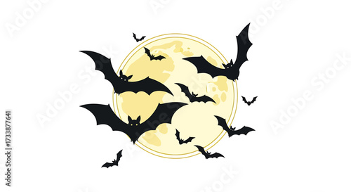 A group of bats flying in front of a full moon, creating a spooky Halloween scene.