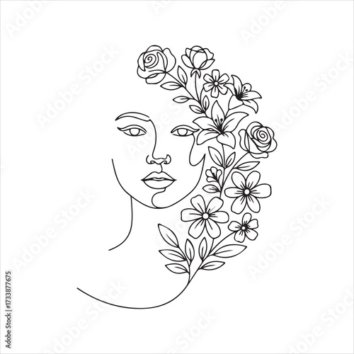 Floral half-face portrait with blooming blossoms and vine accents, feminine botanical line art vector design 