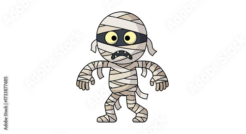 Cartoon illustration of a mummy character with bandages, black mask, and a scary expression.
