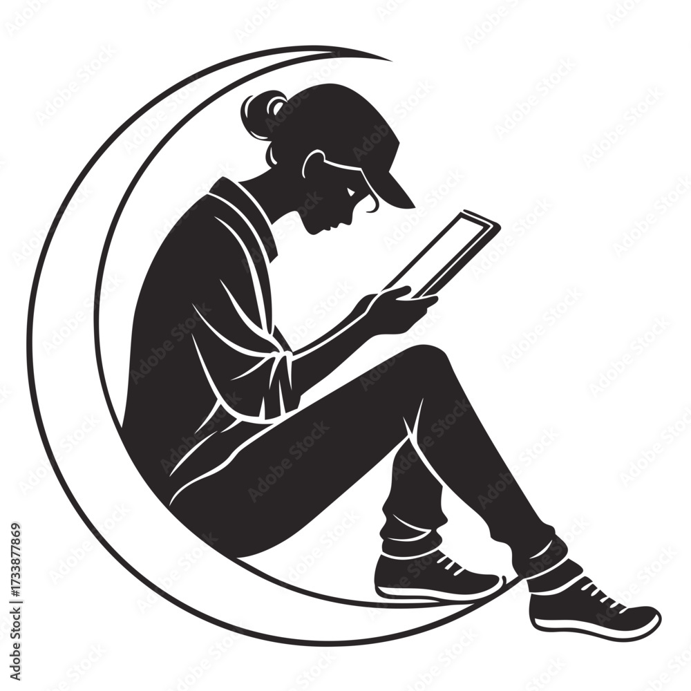 Obraz premium Silhouette of person sitting on crescent moon reading tablet