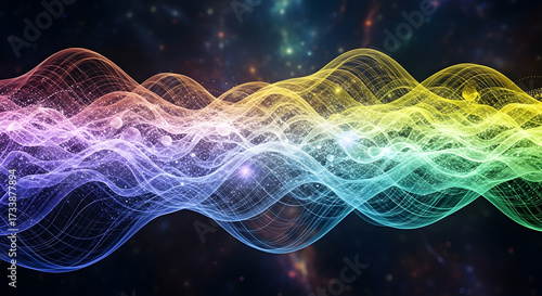 Colorful abstract waves resembling sound or energy vibrations against a starry backdrop