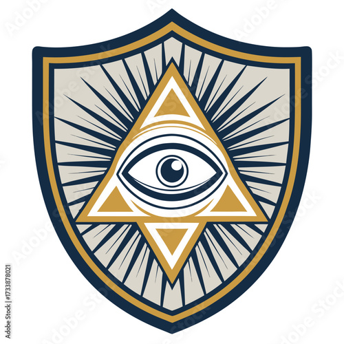 The eye of providence is displayed on a shield with radiating lines.