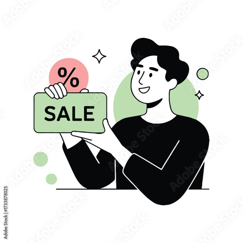 Vector art of a man holds a sale sign with a percentage symbol, he is wearing a black shirt and has a smile on his face, surrounded by circles