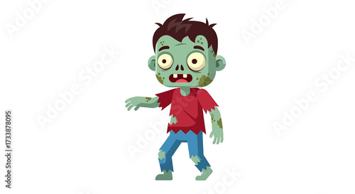 Cartoon zombie with green skin and torn clothes walking.