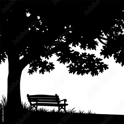 Graphic illustration of a tranquil park setting featuring a shaded bench and a majestic tree silhouette, evoking peace and solitude