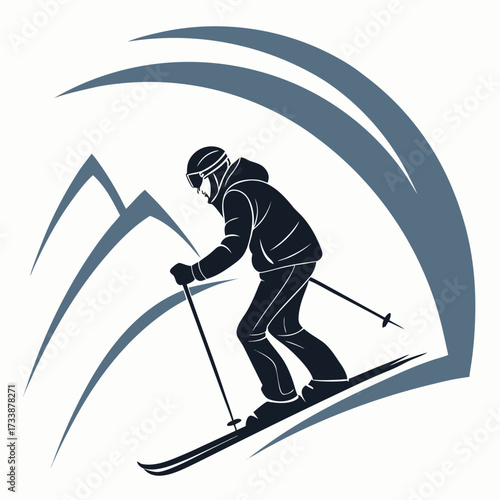 Skier descending mountain slope with abstract curves