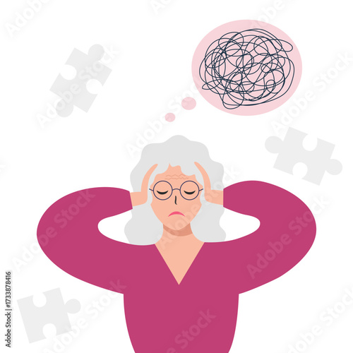 Frustrated elderly woman suffers from migraine.