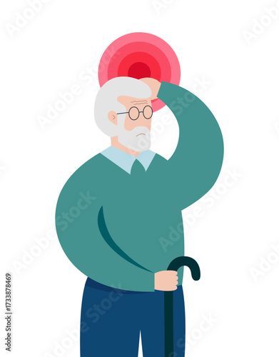Aged person with pain in the head, depression and stress.
