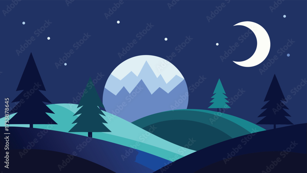 Fototapeta premium Flat design night landscape with moon, stars, and snowcapped mountain
