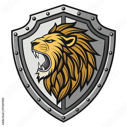 A fierce lion's head roaring on a metallic shield emblem.