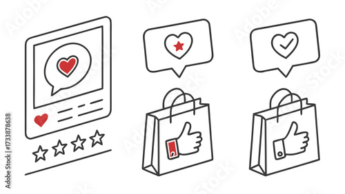 Social media likes and shopping bags icons hearts thumbs up