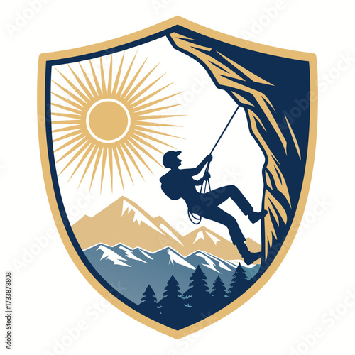 A shield logo depicts a silhouette of a rock climber on a mountain.