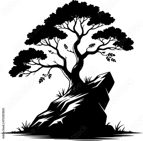 Elegant Silhouette of a Stylized Bonsai Tree Rooted on a Rugged Rock Formation, Symbolizing Natural Beauty and Enduring Resilience in Graphic Art