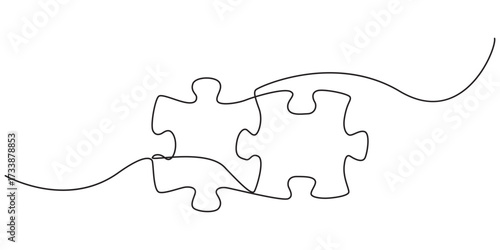 Puzzle in one continuous line drawing. Jigsaw with two piece is teamwork concept in simple linear style. Business and team symbol in in Editable stroke. Monoline vector illustration