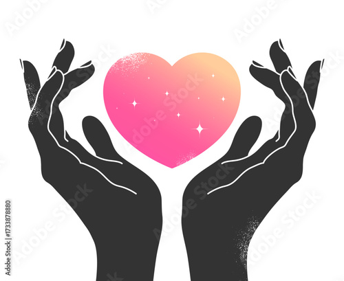Celestial emblem with cupped hands holding heart. Human hands with a heart shape decorated with stars. Vector illustration