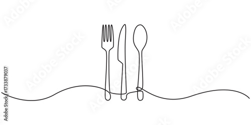 one line vector illustration of spoon, fork, and knife as elegant kitchen cutlery on white background, Tableware Continuous Line Icon