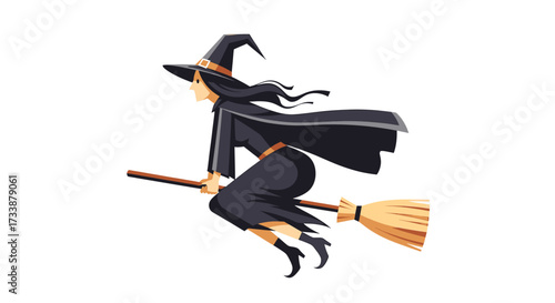 A witch with long black hair wearing a black dress and hat flying on a broomstick.