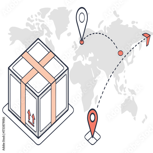 White shipping box with peach straps on world map package