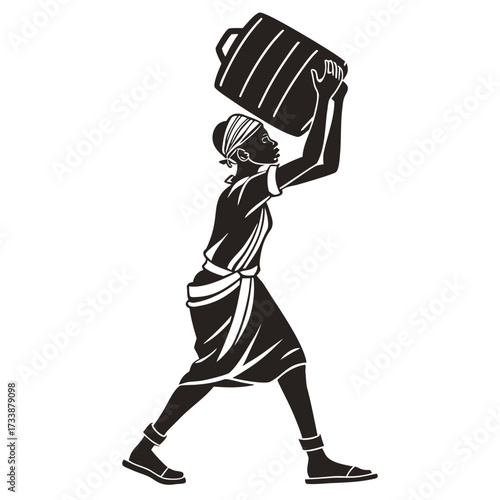 Woman carrying water jug on head vector