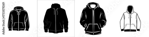 Template for design and tech packs featuring a flat technical drawing illustration mock-up of a zip up hoodie sweatshirt for men or unisex fashion CAD streetwear and women