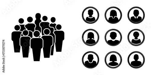 A set of icons representing people in groups, teams, and user profiles, along with symbols for collections of individuals or users, in a modern stock design