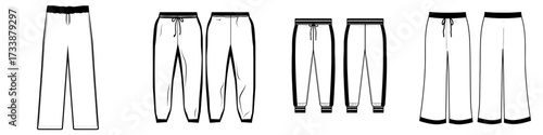 Modern illustration of pyjama pant with drawstring waist, shown in front and back view as a flat sketch, for sleep wear technical silhouette drawing and apparel template cad mockup