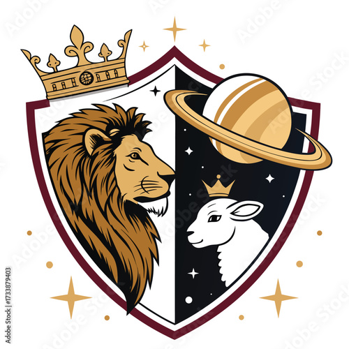 A heraldic shield features a lion and a lamb with celestial elements.