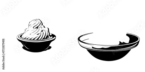 A 3D realistic modern illustration of butter curl, featuring swirls of margarine or vegan vegetable spread in a porcelain bowl from a top view, with a rolled creamy dairy product and set icon