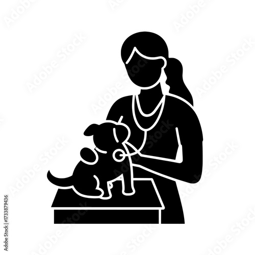 The scene of a pet owner accompanied by their dog at a veterinary clinic is illustrated in a modern flat style, showing a female veterinarian, a girl, and a cute puppy on the examination table,