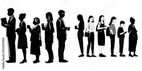 Various people from different walks of life are standing in a queue, illustrated in a contemporary flat style showcasing a multiracial crowd waiting in line from a side perspective