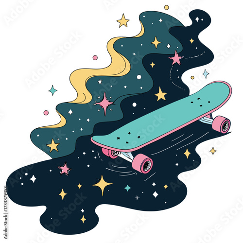 A skateboard glides through a cosmic starry night sky illustration.