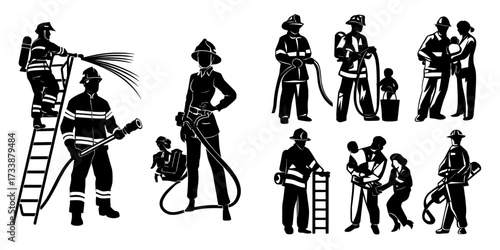 Modern vertical posters showcase fire brigades, including professional firefighters, men and women, in helmets and safety costumes, rescuing kids, with flat illustrations of firemen and their