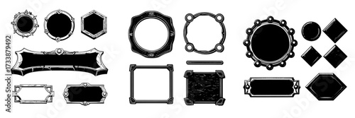 Medieval ui borders and silver game frames are combined with round, hexagon, and rhombus textured gui elements that have ornate rims and blue decor