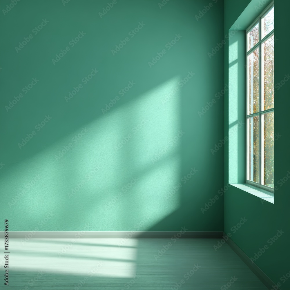 Fototapeta premium A room bathed in sunlight, with walls painted in a soothing hue, and a window offering a glimpse of the outside