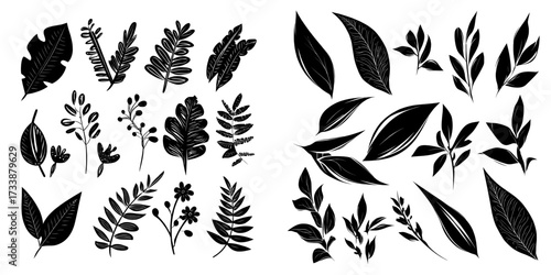 A collection of futuristic leaves and flowers in botanical style is set against a white background, presented in a modern abstract format with flat illustrations